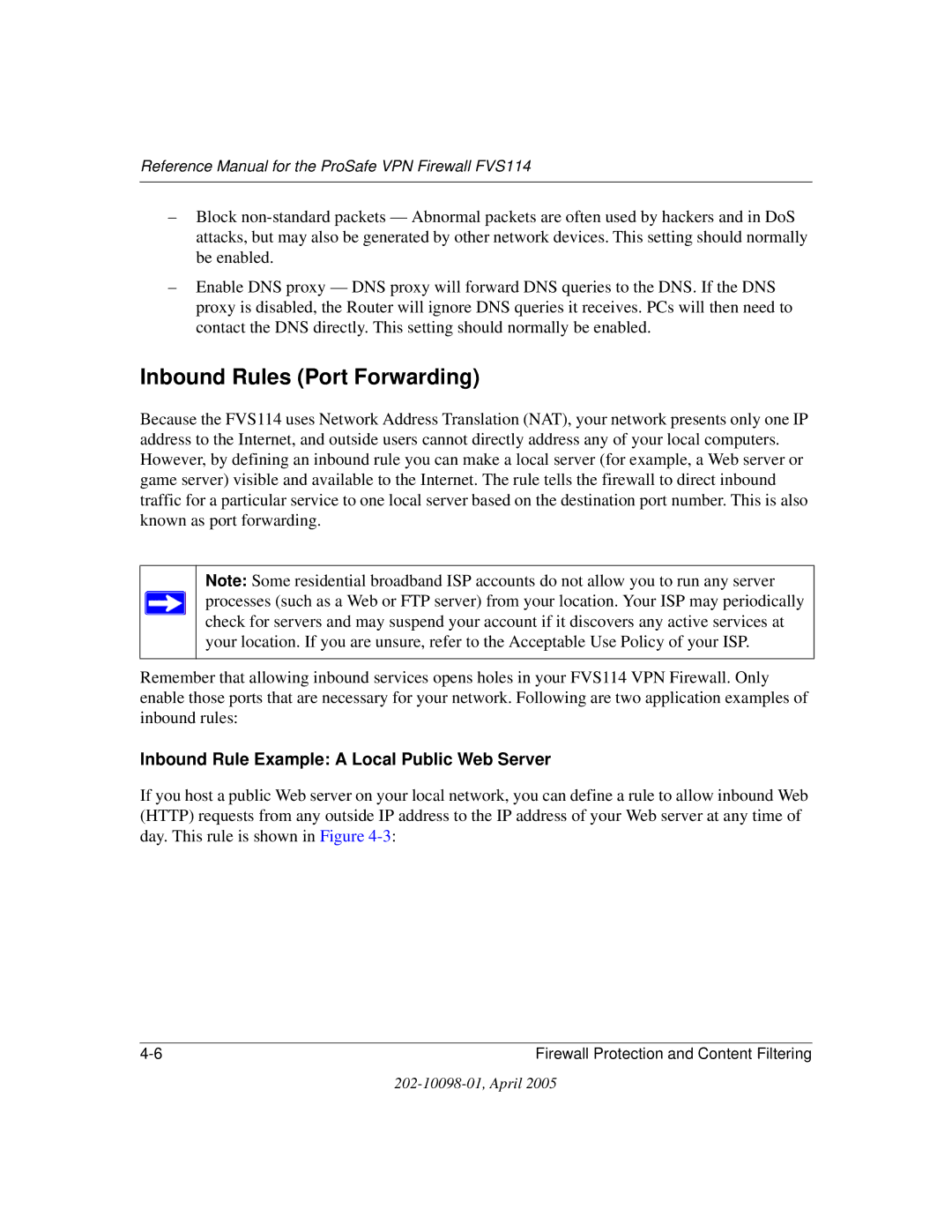 NETGEAR fvs114 manual Inbound Rules Port Forwarding, Inbound Rule Example a Local Public Web Server 