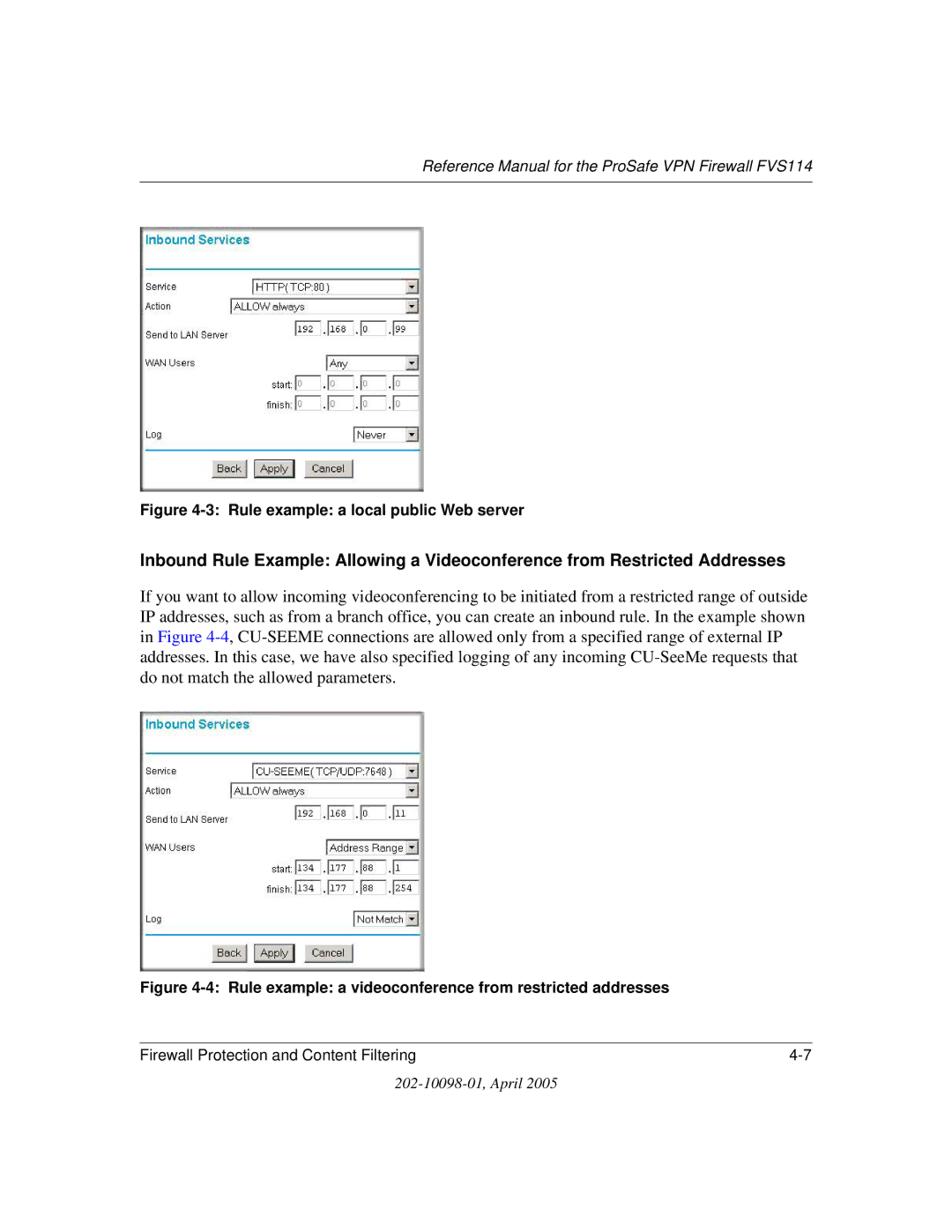 NETGEAR fvs114 manual Rule example a local public Web server 