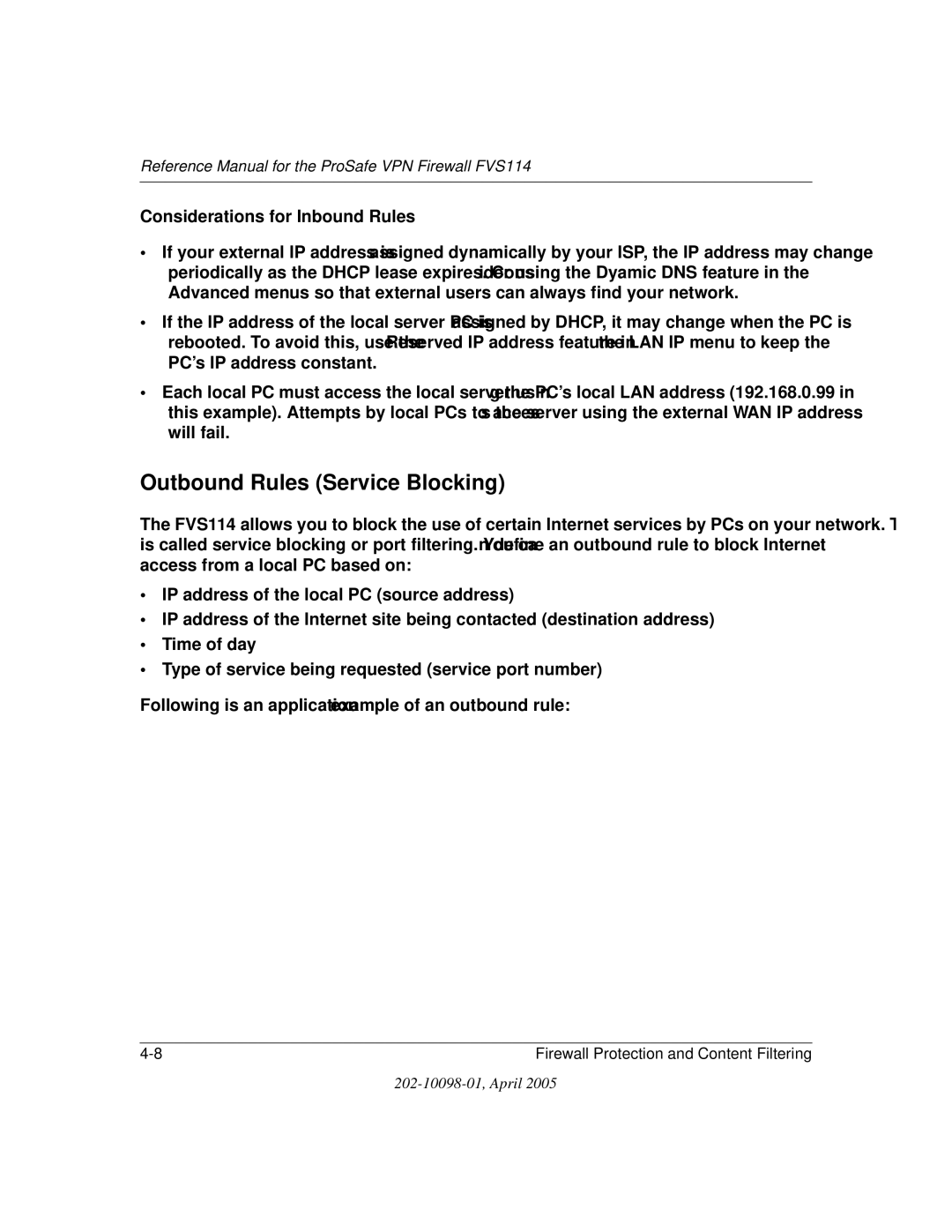 NETGEAR fvs114 manual Outbound Rules Service Blocking, Considerations for Inbound Rules 