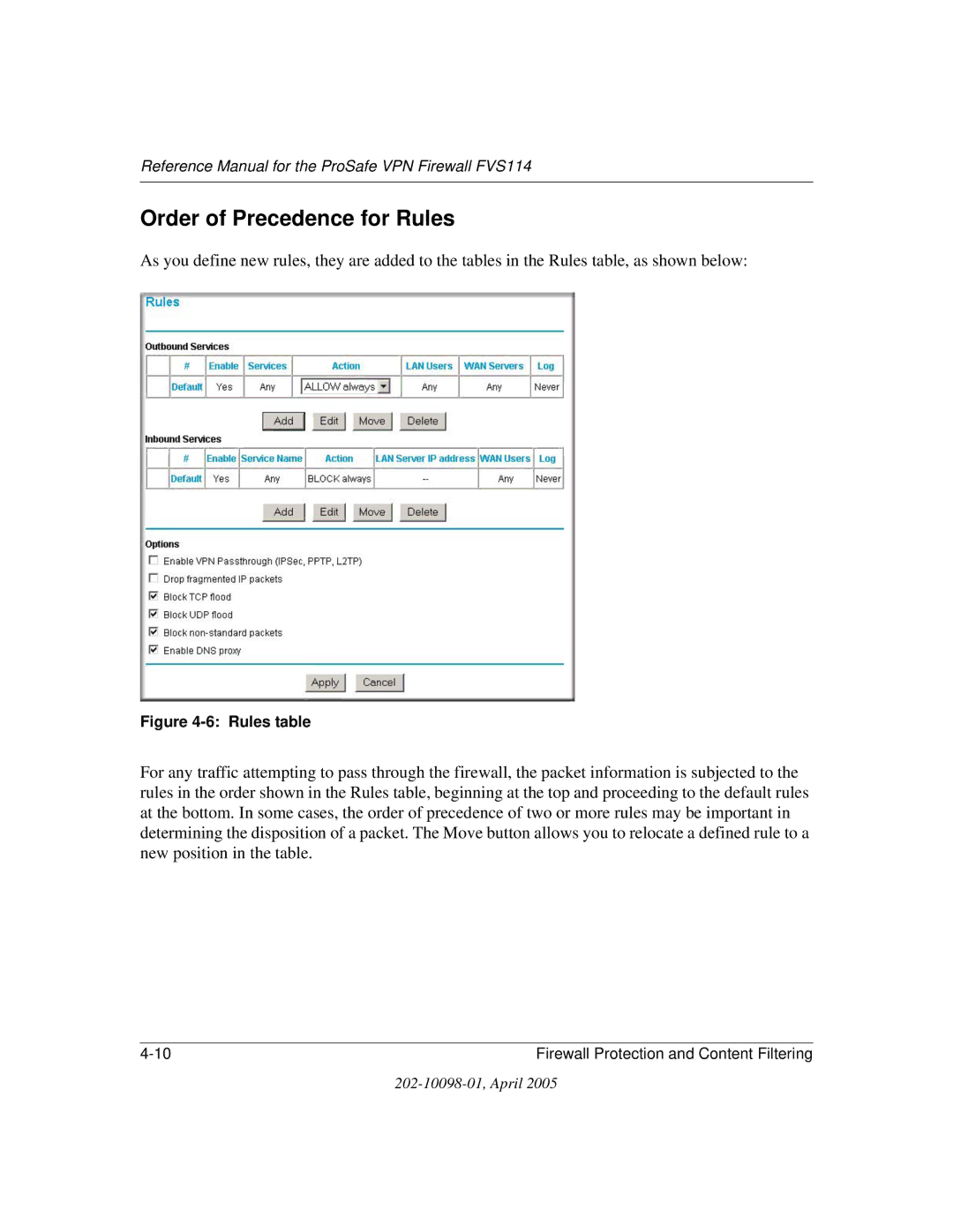 NETGEAR fvs114 manual Order of Precedence for Rules, Rules table 