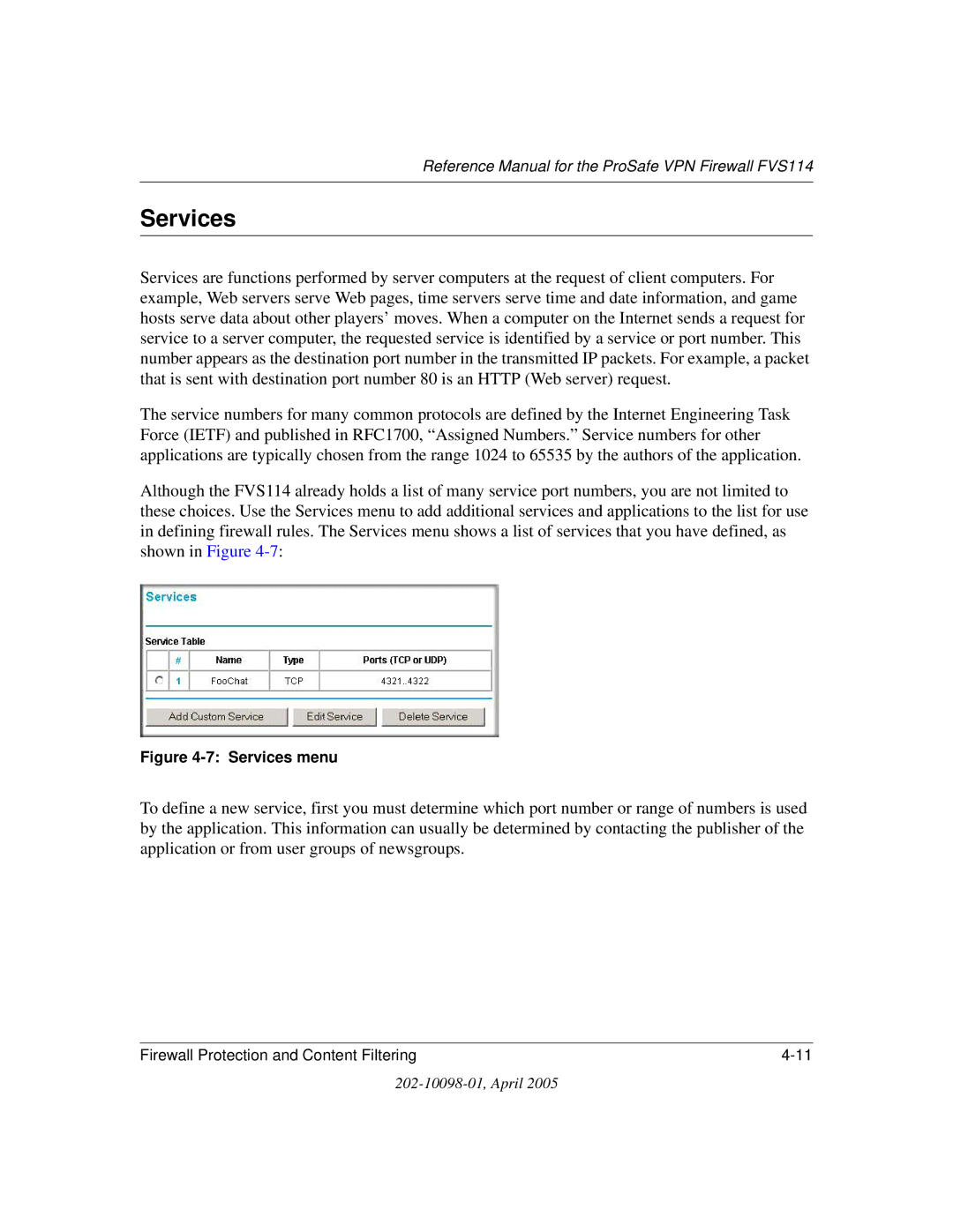 NETGEAR fvs114 manual Services menu 