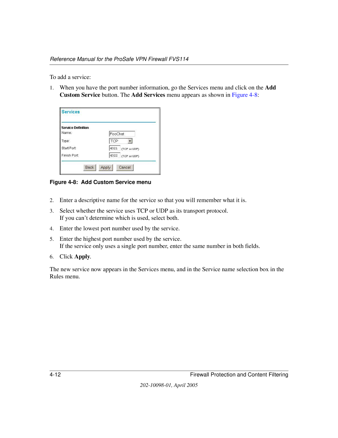 NETGEAR fvs114 manual Add Custom Service menu 