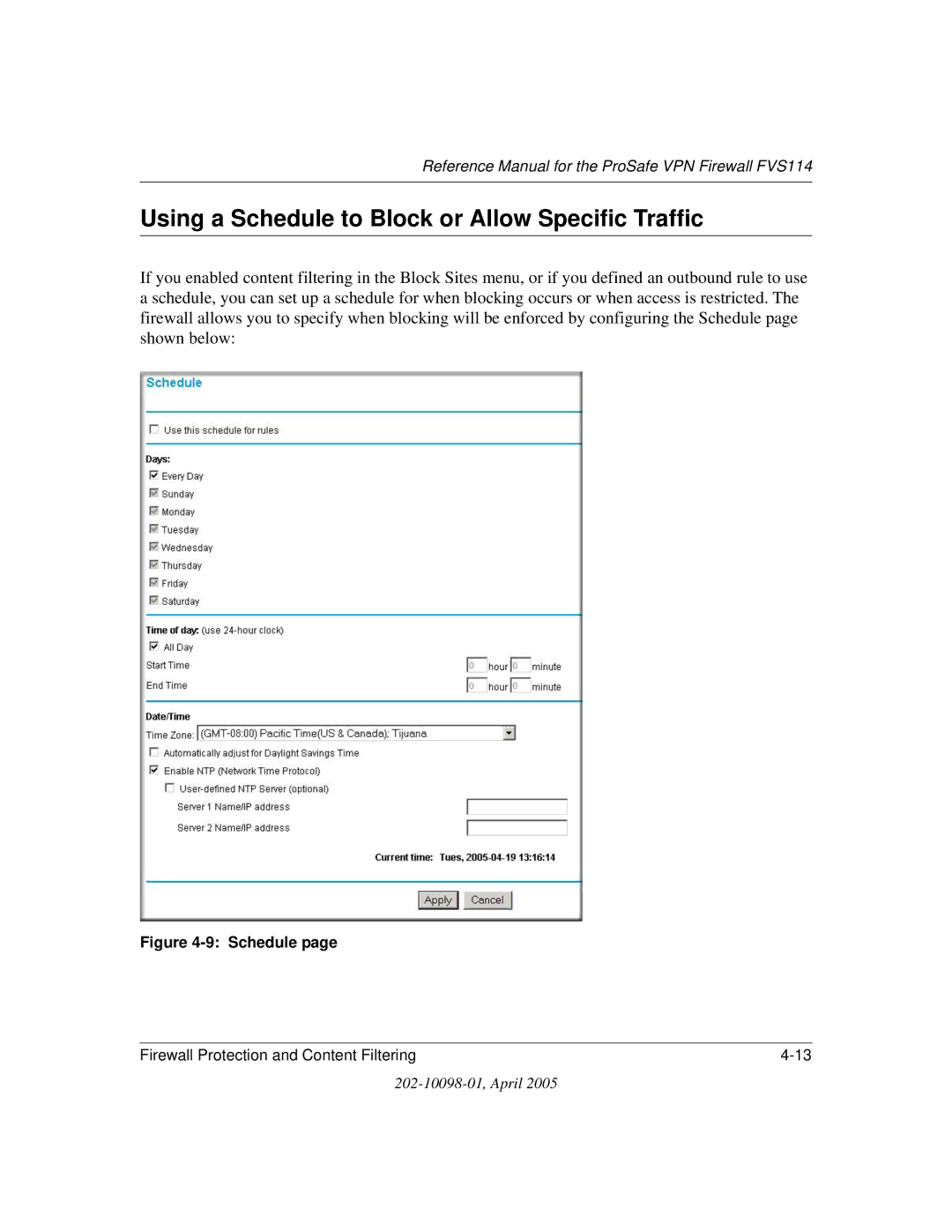 NETGEAR fvs114 manual Using a Schedule to Block or Allow Specific Traffic 