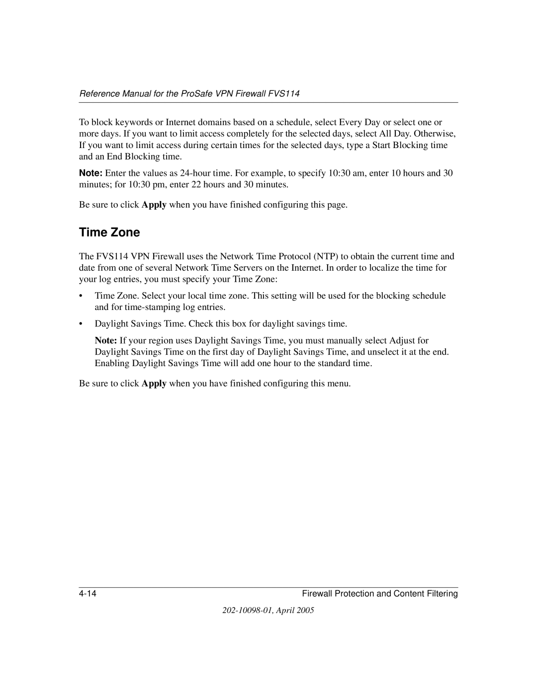 NETGEAR fvs114 manual Time Zone 