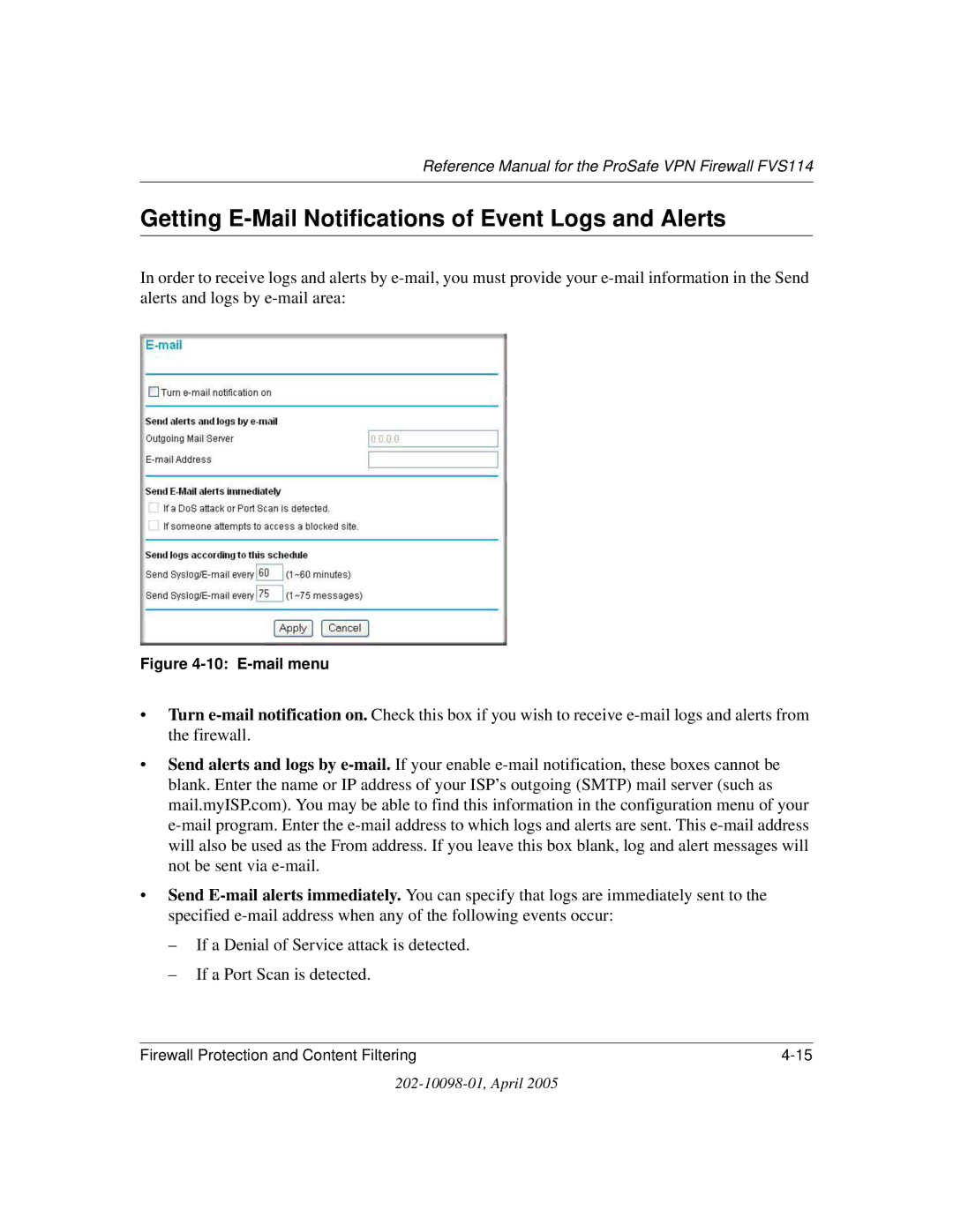 NETGEAR fvs114 manual Getting E-Mail Notifications of Event Logs and Alerts, E-mail menu 