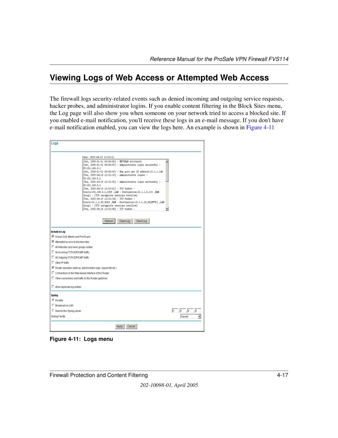 NETGEAR fvs114 manual Viewing Logs of Web Access or Attempted Web Access, Logs menu 