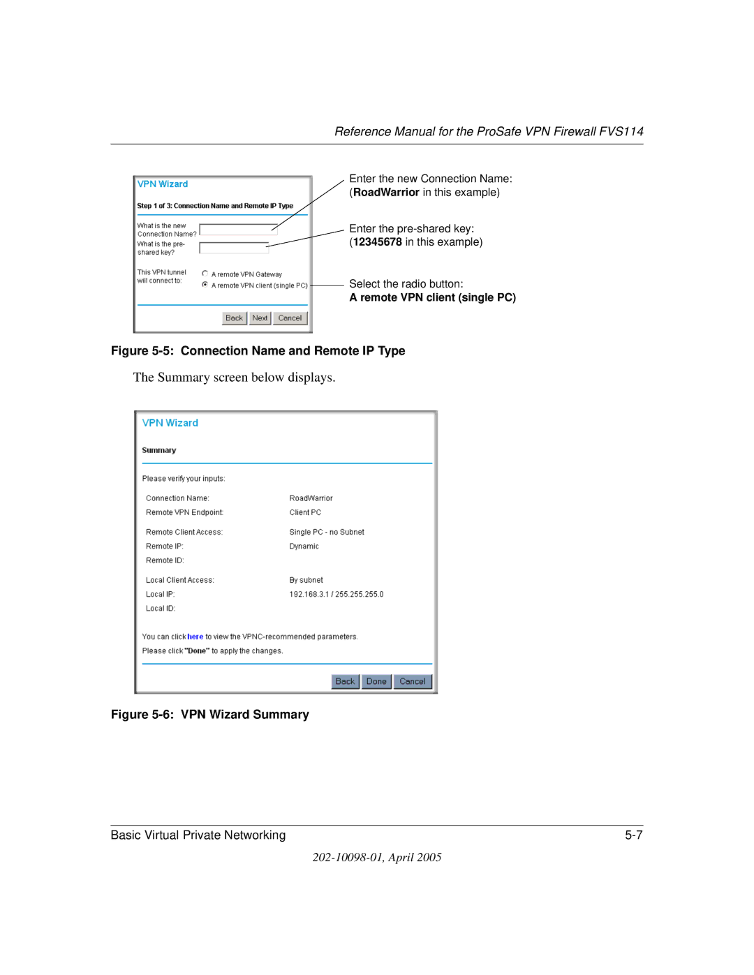 NETGEAR fvs114 manual Summary screen below displays, Connection Name and Remote IP Type 