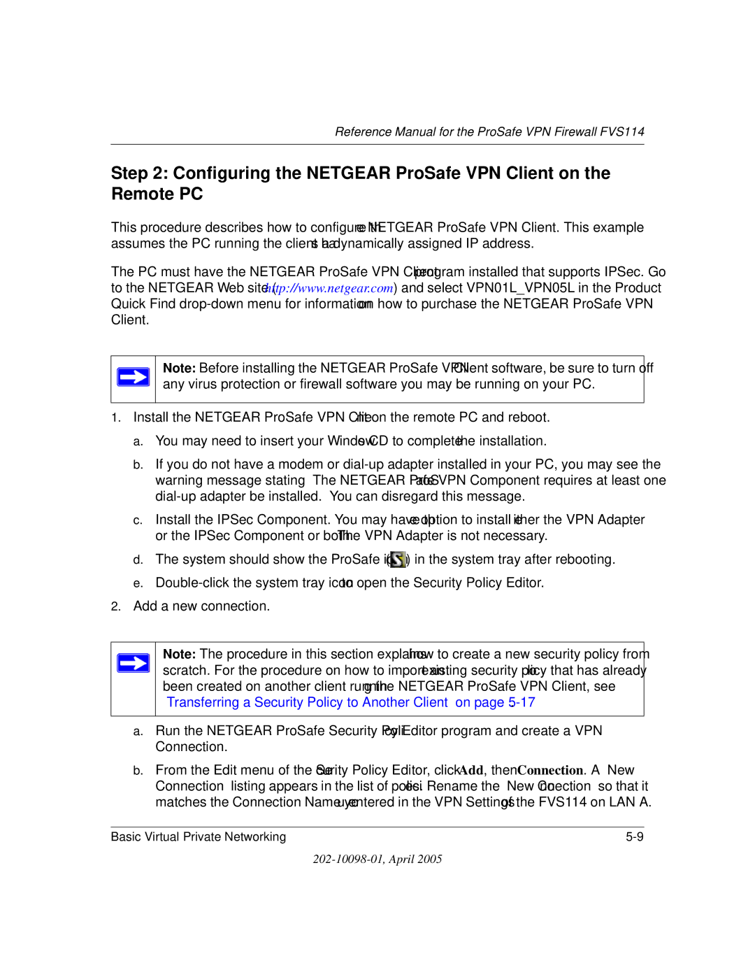 NETGEAR fvs114 manual Configuring the Netgear ProSafe VPN Client on the Remote PC 