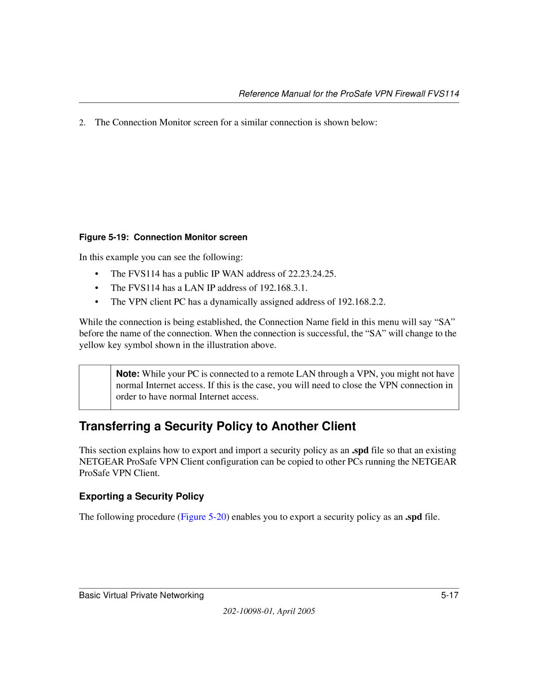 NETGEAR fvs114 manual Transferring a Security Policy to Another Client, Exporting a Security Policy 