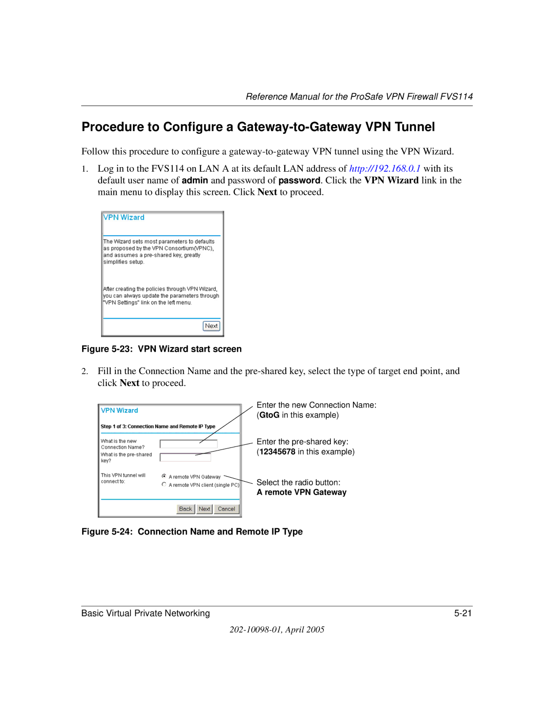 NETGEAR fvs114 manual Procedure to Configure a Gateway-to-Gateway VPN Tunnel, VPN Wizard start screen 