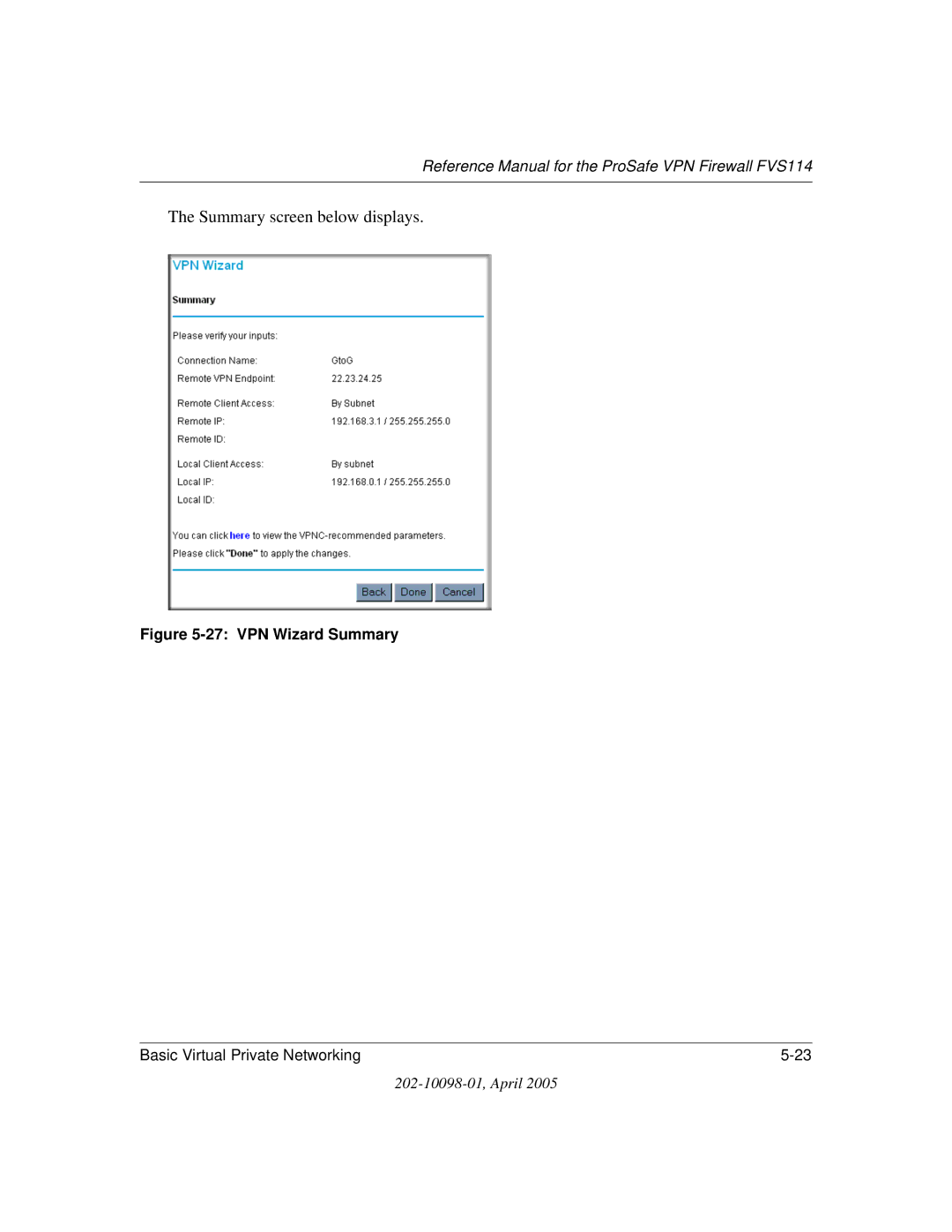 NETGEAR fvs114 manual VPN Wizard Summary 