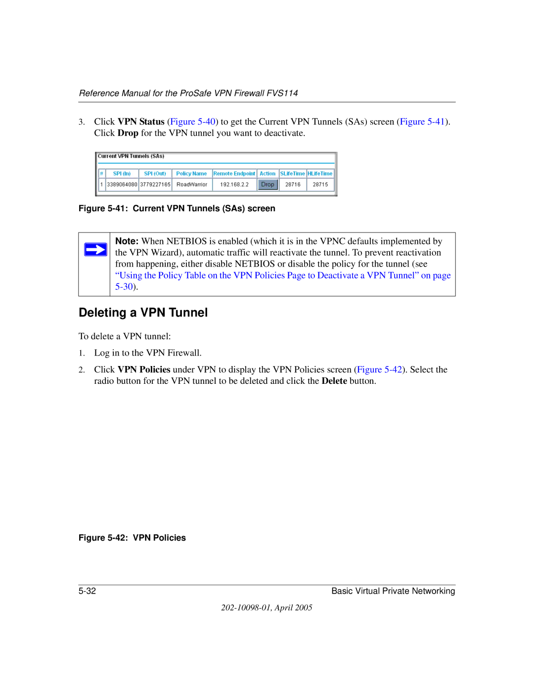 NETGEAR fvs114 manual Deleting a VPN Tunnel, Current VPN Tunnels SAs screen 