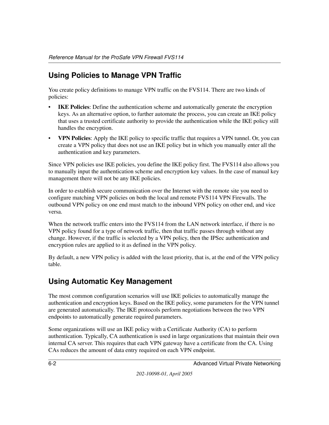 NETGEAR fvs114 manual Using Policies to Manage VPN Traffic, Using Automatic Key Management 