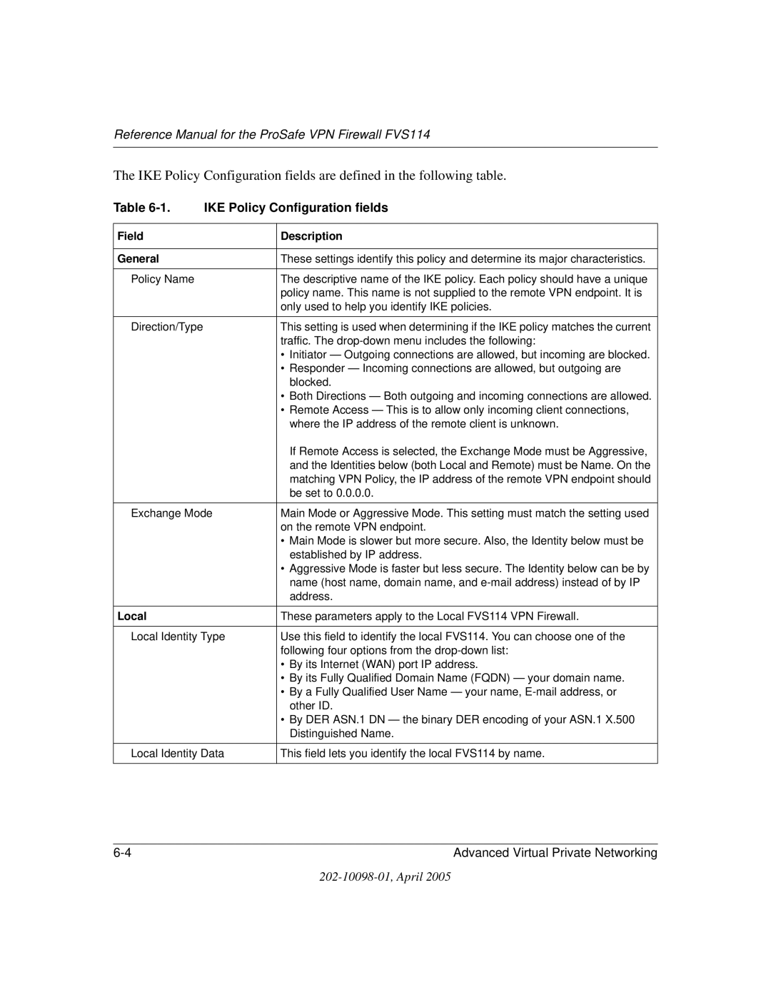 NETGEAR fvs114 manual IKE Policy Configuration fields, Field Description General 