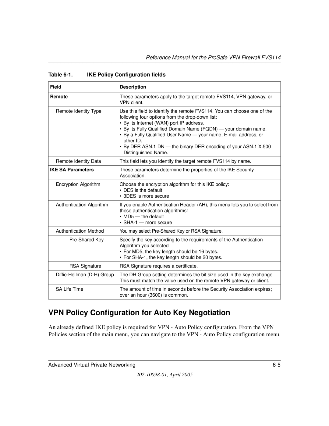 NETGEAR fvs114 manual VPN Policy Configuration for Auto Key Negotiation, Field Description Remote 