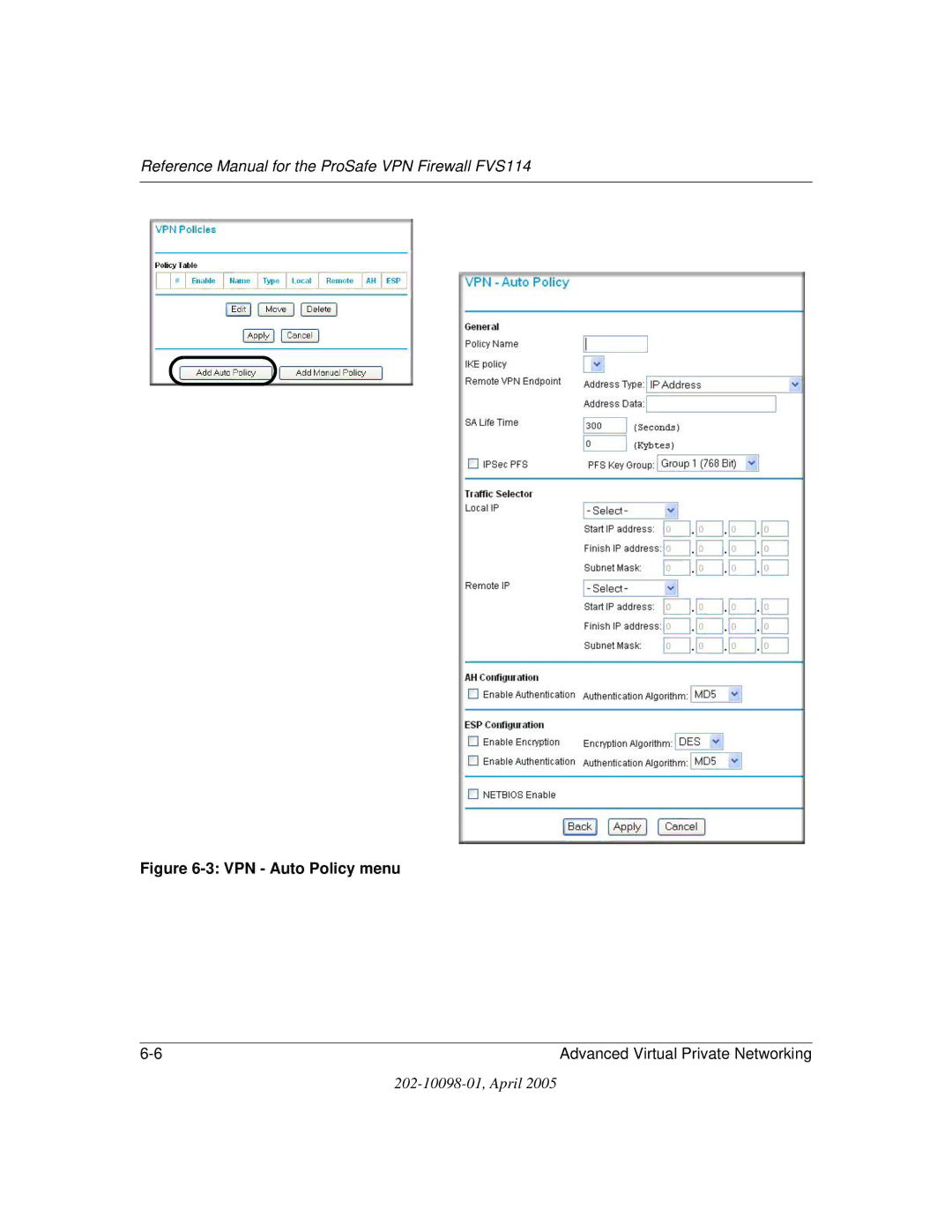 NETGEAR fvs114 manual VPN Auto Policy menu 