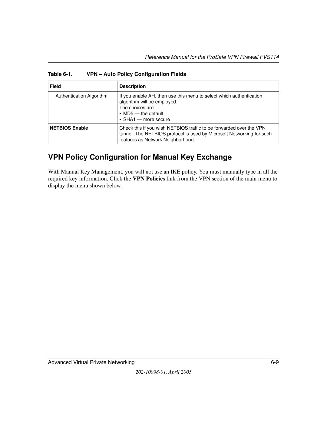 NETGEAR fvs114 manual VPN Policy Configuration for Manual Key Exchange, Netbios Enable 