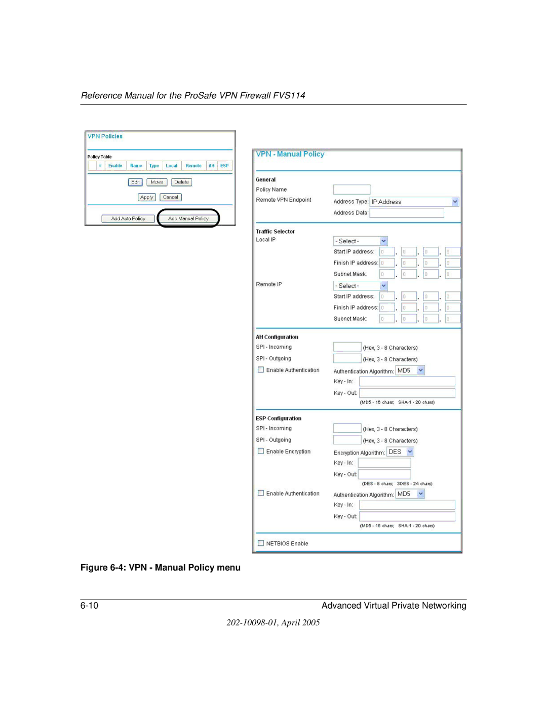 NETGEAR fvs114 manual VPN Manual Policy menu 