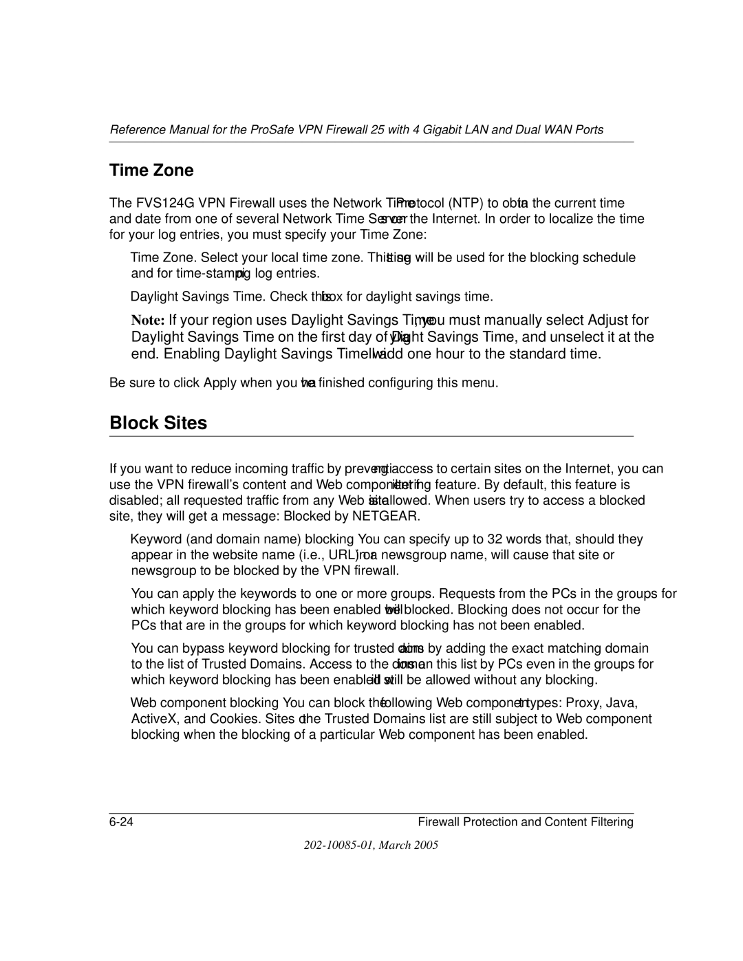 NETGEAR FVS124G manual Block Sites, Time Zone 