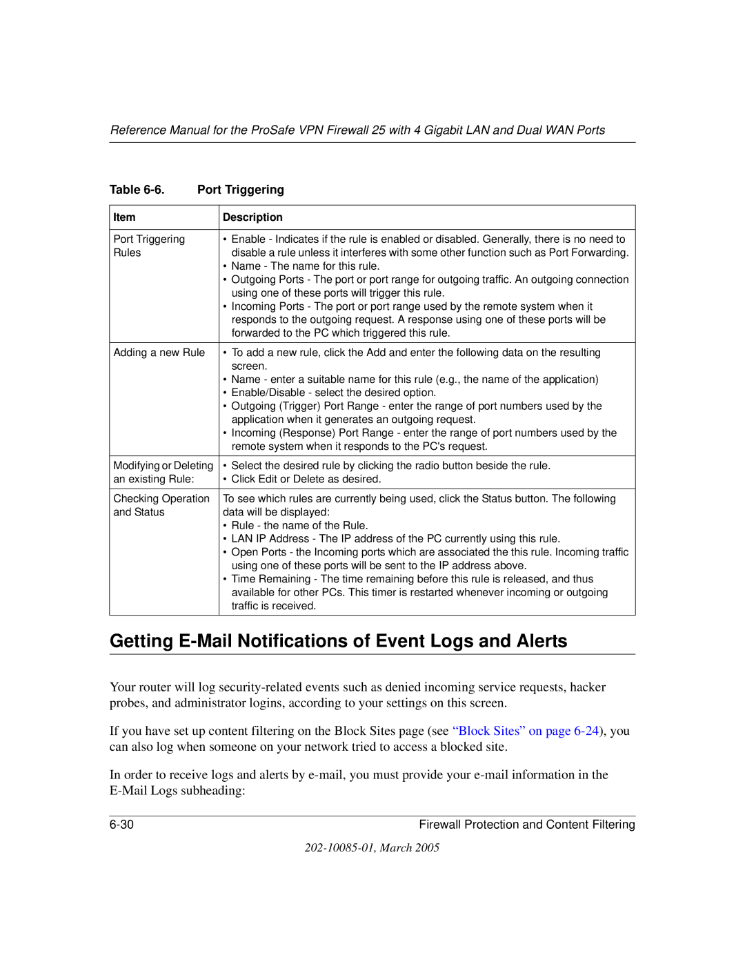 NETGEAR FVS124G manual Getting E-Mail Notifications of Event Logs and Alerts, Port Triggering 