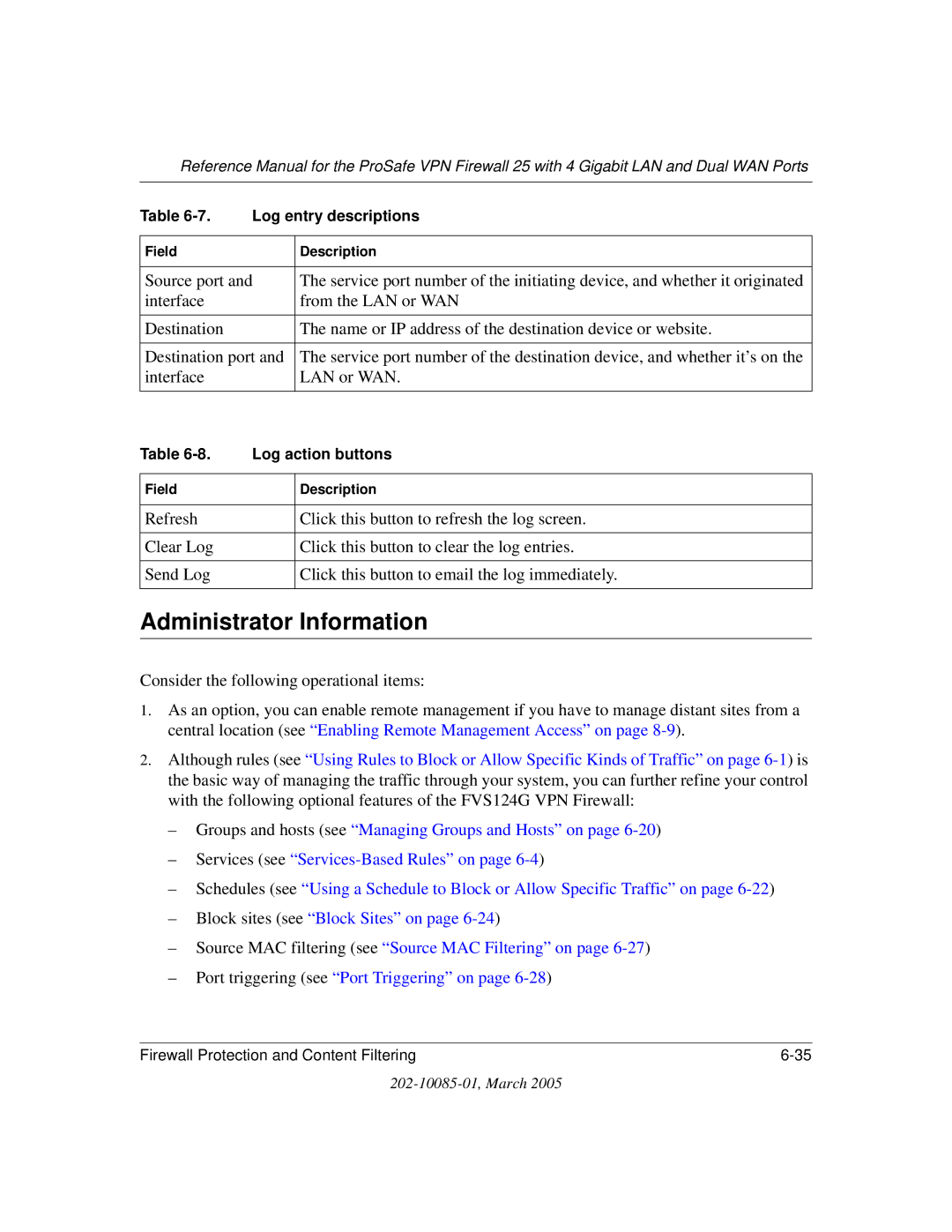 NETGEAR FVS124G manual Administrator Information, Log action buttons 