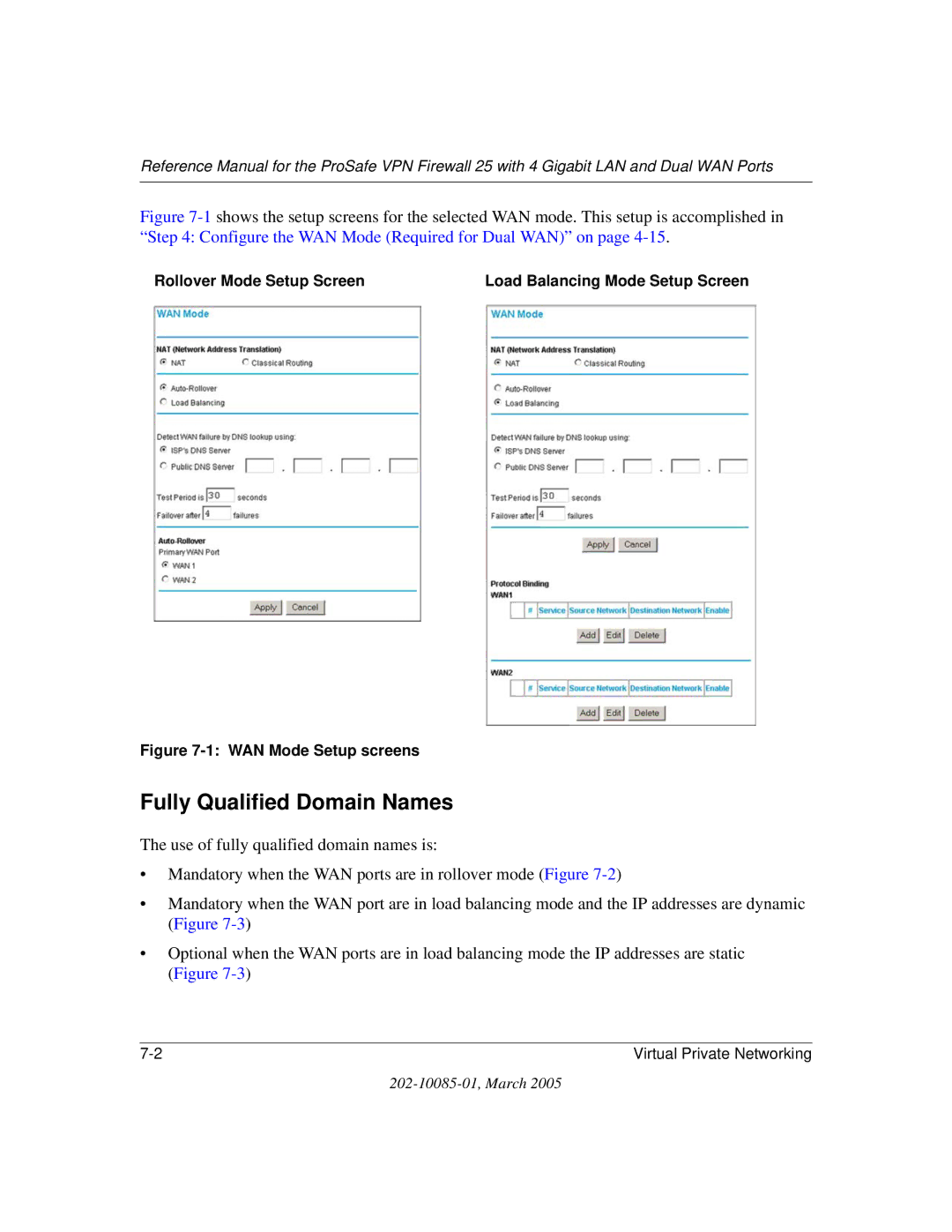 NETGEAR FVS124G manual Fully Qualified Domain Names, Rollover Mode Setup Screen 