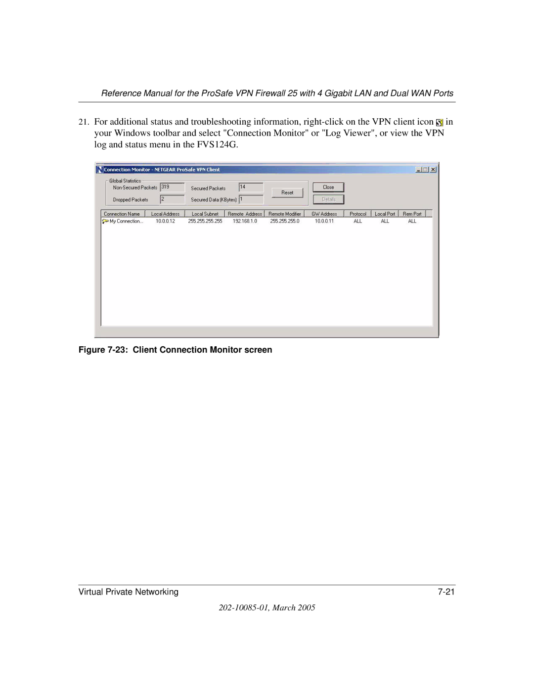 NETGEAR FVS124G manual Client Connection Monitor screen 