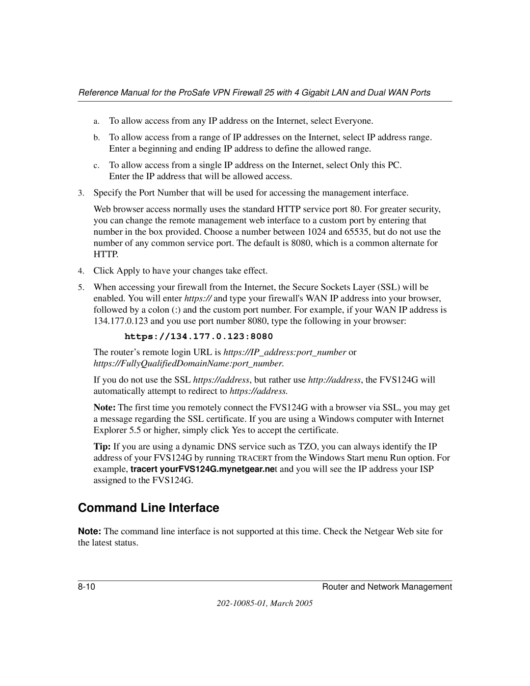 NETGEAR FVS124G manual Command Line Interface, Https//134.177.0.1238080 