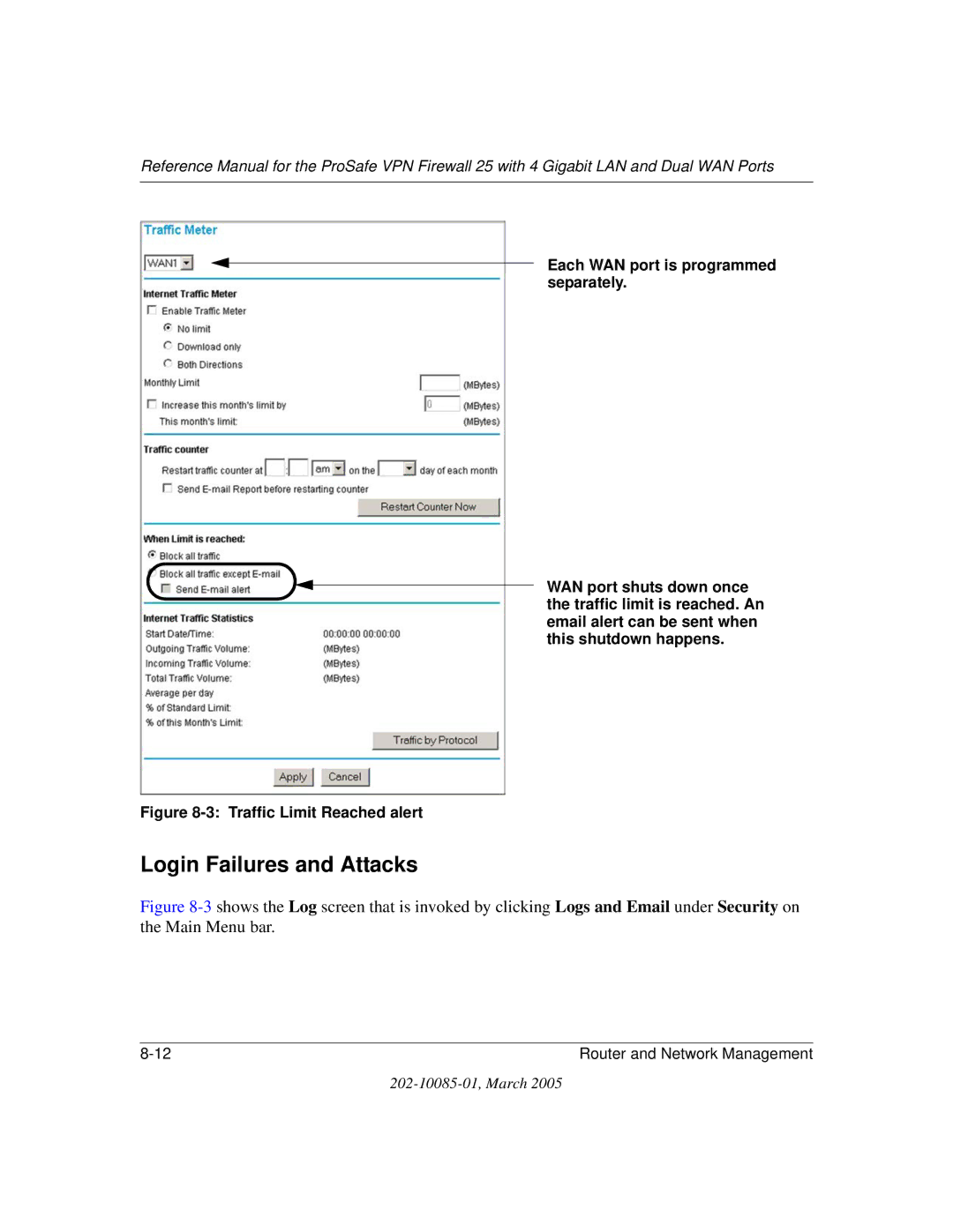 NETGEAR FVS124G manual Login Failures and Attacks, Traffic Limit Reached alert 