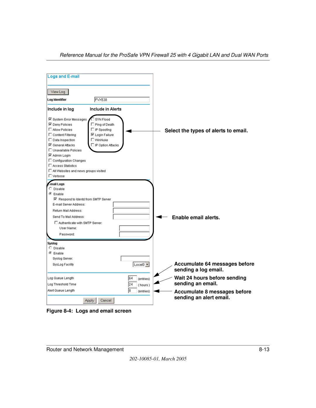 NETGEAR FVS124G manual Logs and email screen 