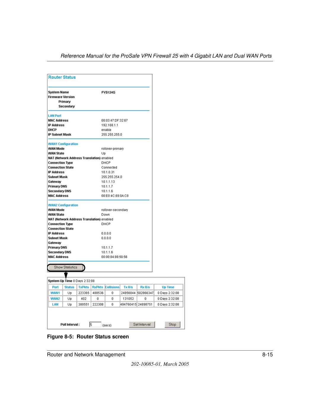 NETGEAR FVS124G manual Router Status screen 