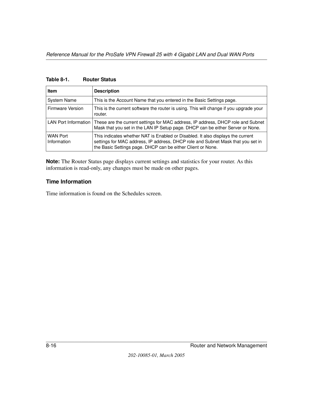 NETGEAR FVS124G manual Time Information, Time information is found on the Schedules screen, Router Status 