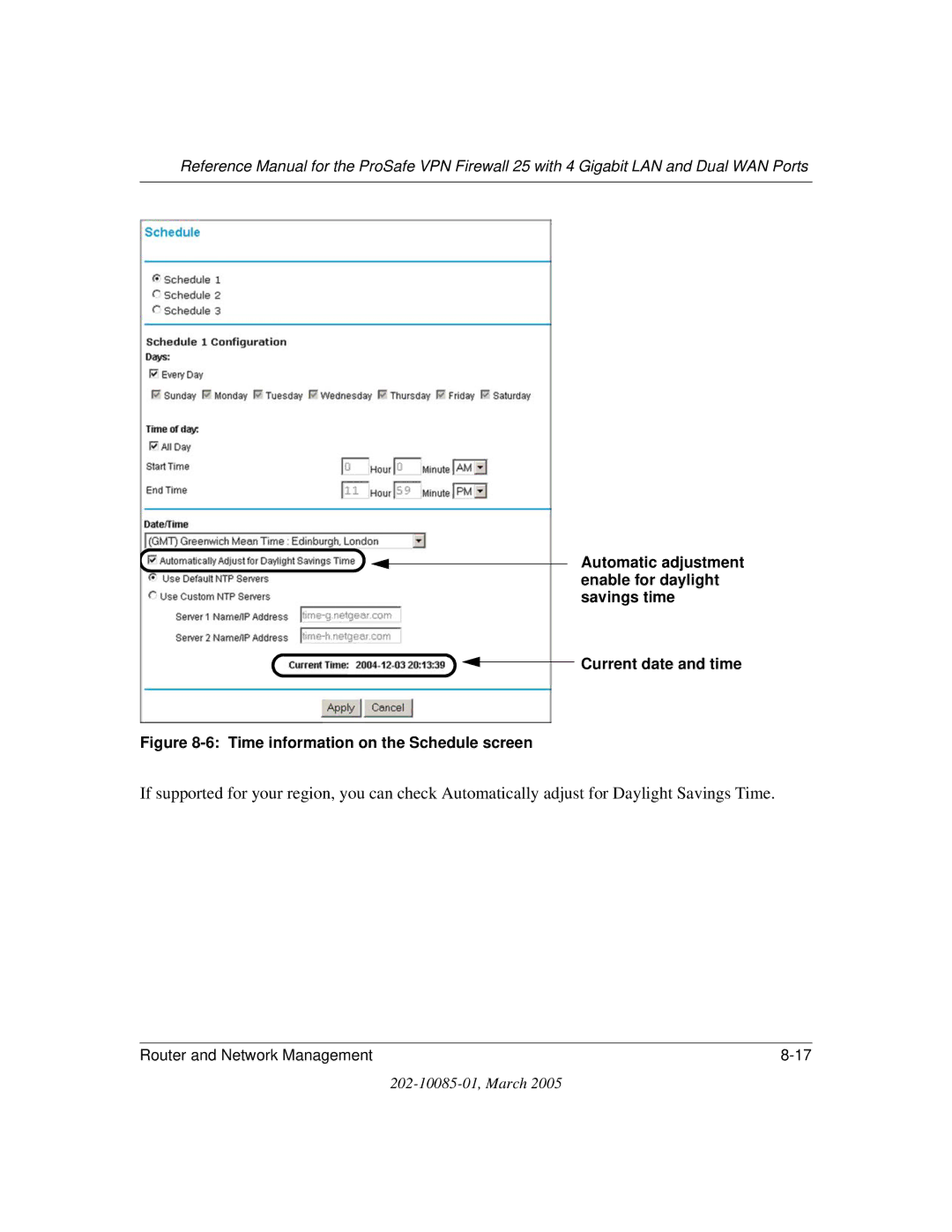 NETGEAR FVS124G manual Time information on the Schedule screen 