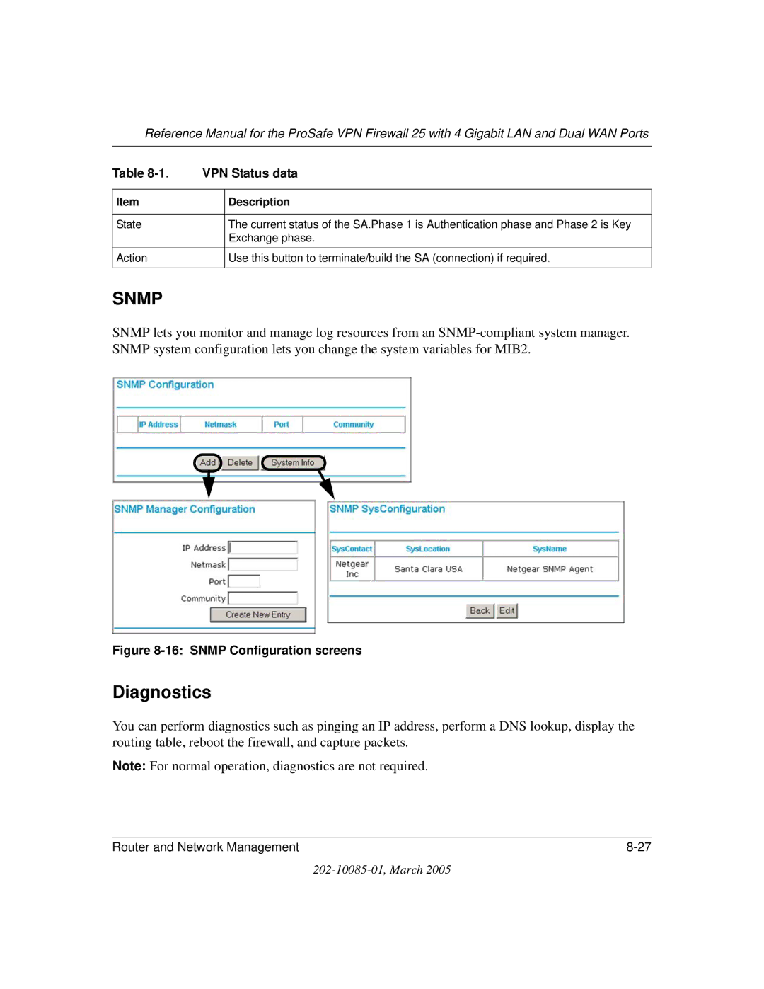 NETGEAR FVS124G manual Diagnostics, Snmp Configuration screens 