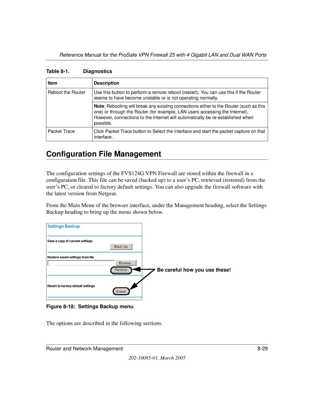 NETGEAR FVS124G manual Configuration File Management, Options are described in the following sections, Diagnostics 