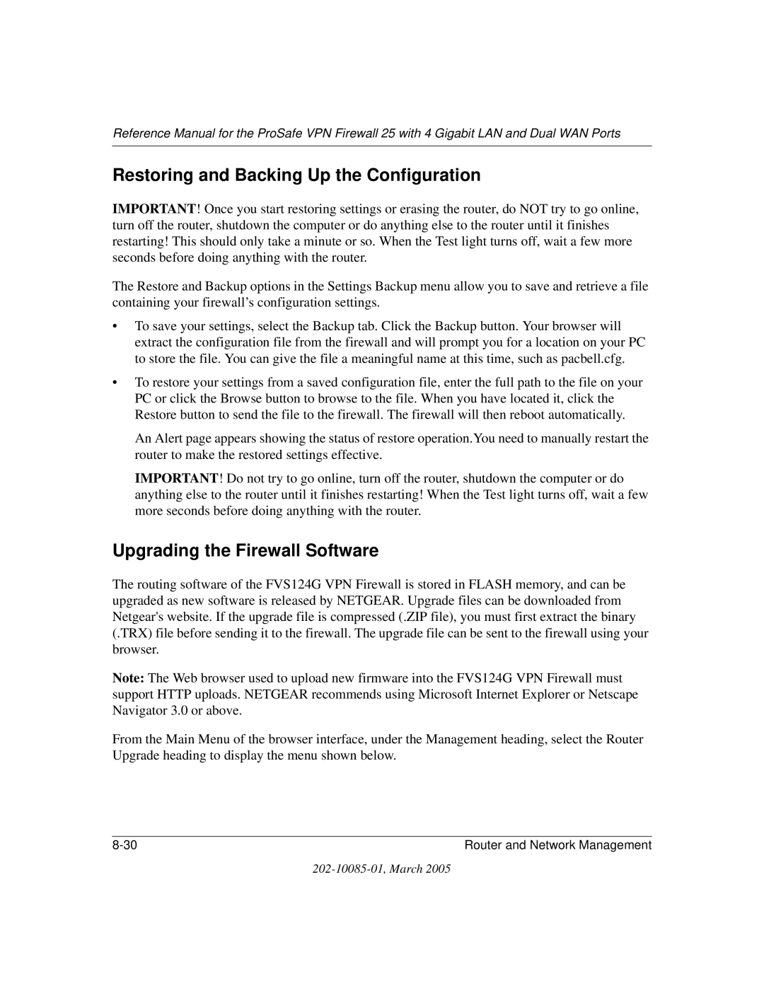NETGEAR FVS124G manual Restoring and Backing Up the Configuration, Upgrading the Firewall Software 