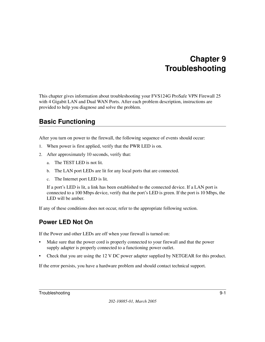 NETGEAR FVS124G manual Basic Functioning, Power LED Not On 