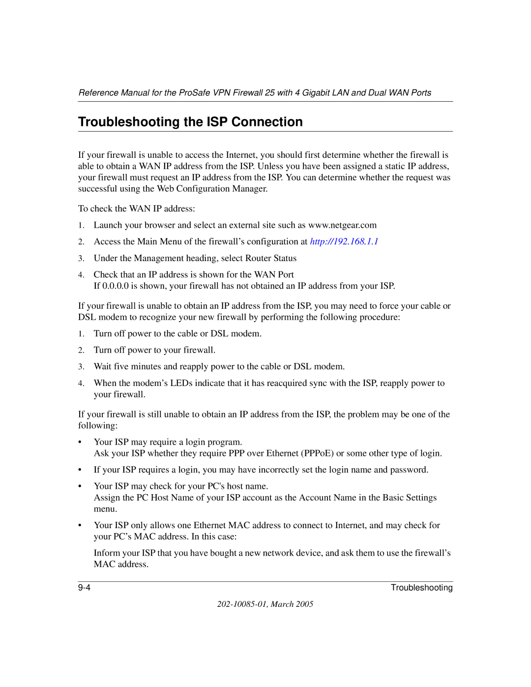 NETGEAR FVS124G manual Troubleshooting the ISP Connection 