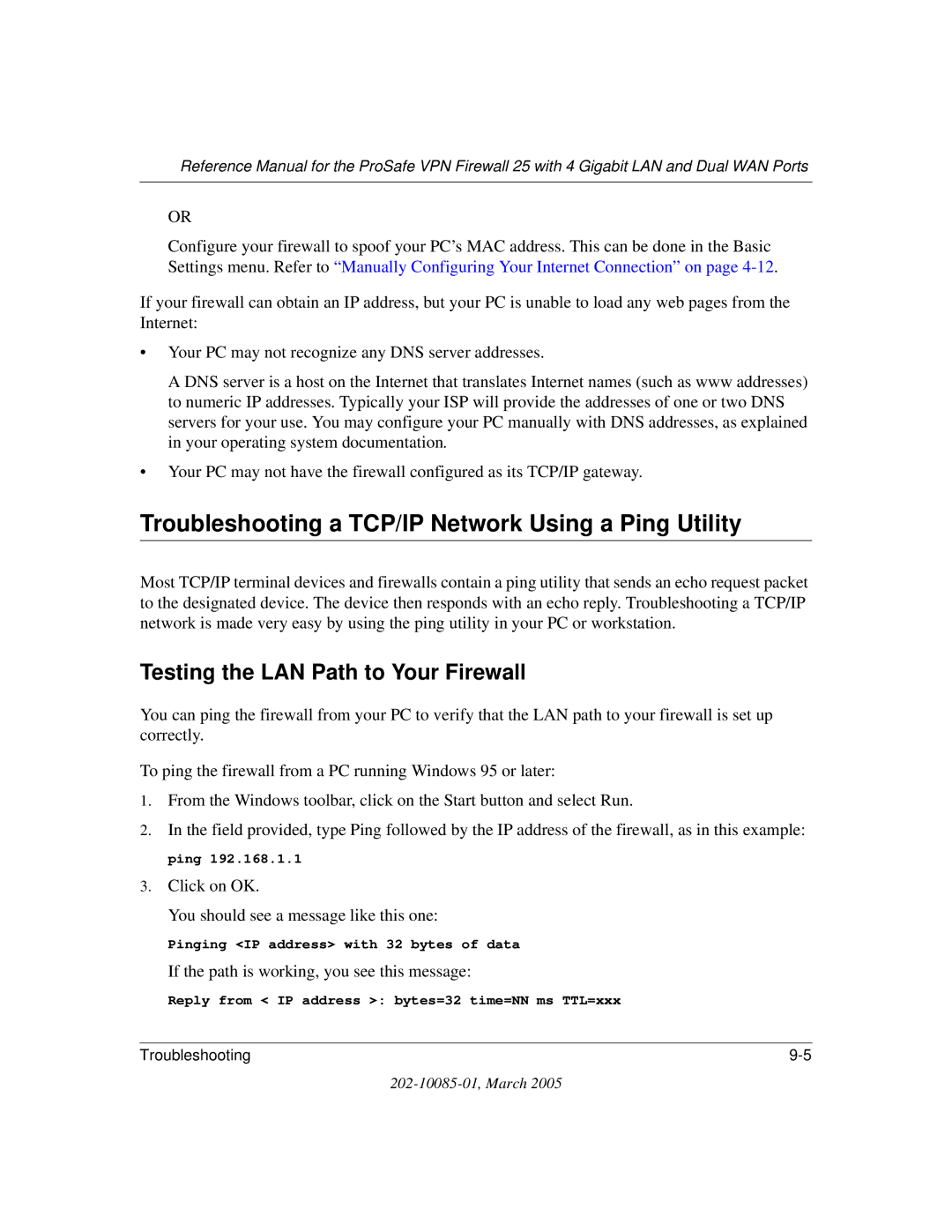 NETGEAR FVS124G manual Troubleshooting a TCP/IP Network Using a Ping Utility, Testing the LAN Path to Your Firewall 