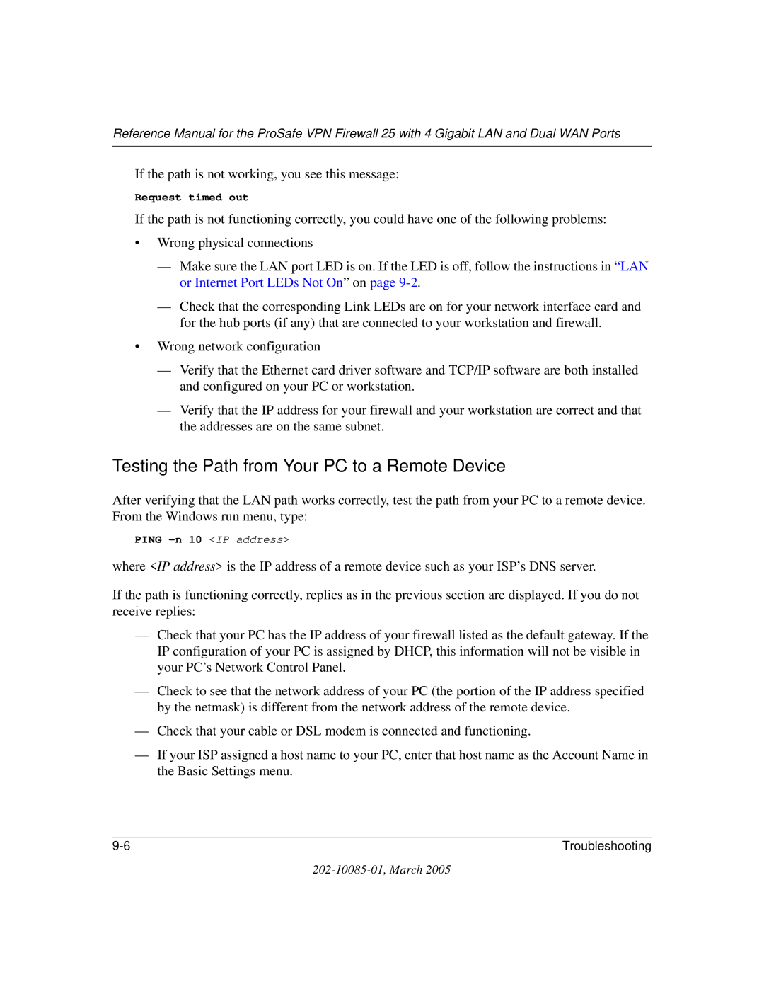 NETGEAR FVS124G manual Testing the Path from Your PC to a Remote Device, If the path is not working, you see this message 