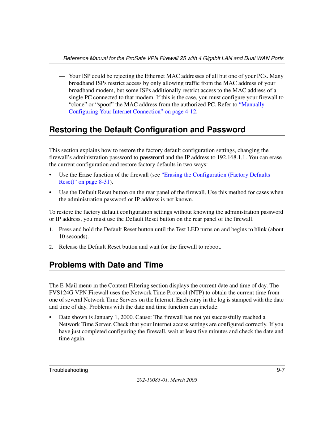 NETGEAR FVS124G manual Restoring the Default Configuration and Password, Problems with Date and Time 