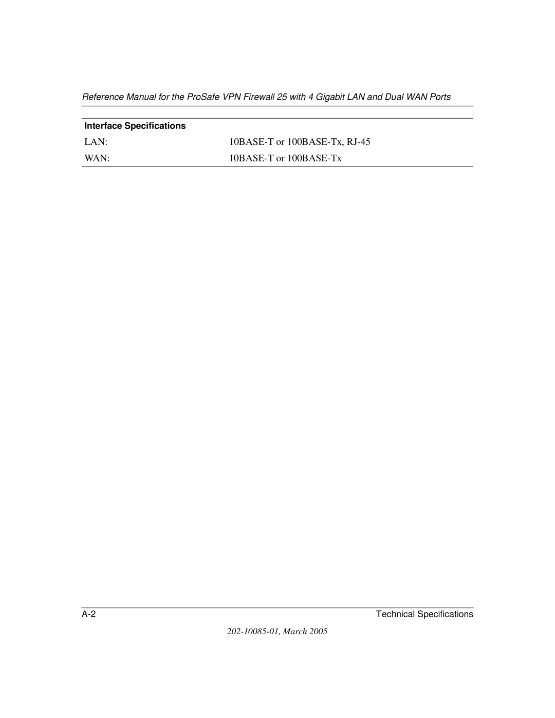 NETGEAR FVS124G manual 10BASE-T or 100BASE-Tx, RJ-45, Interface Specifications 