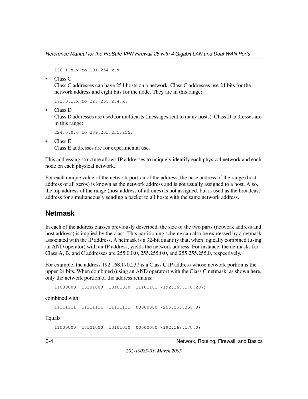 NETGEAR FVS124G manual Netmask, Combined with, Equals 