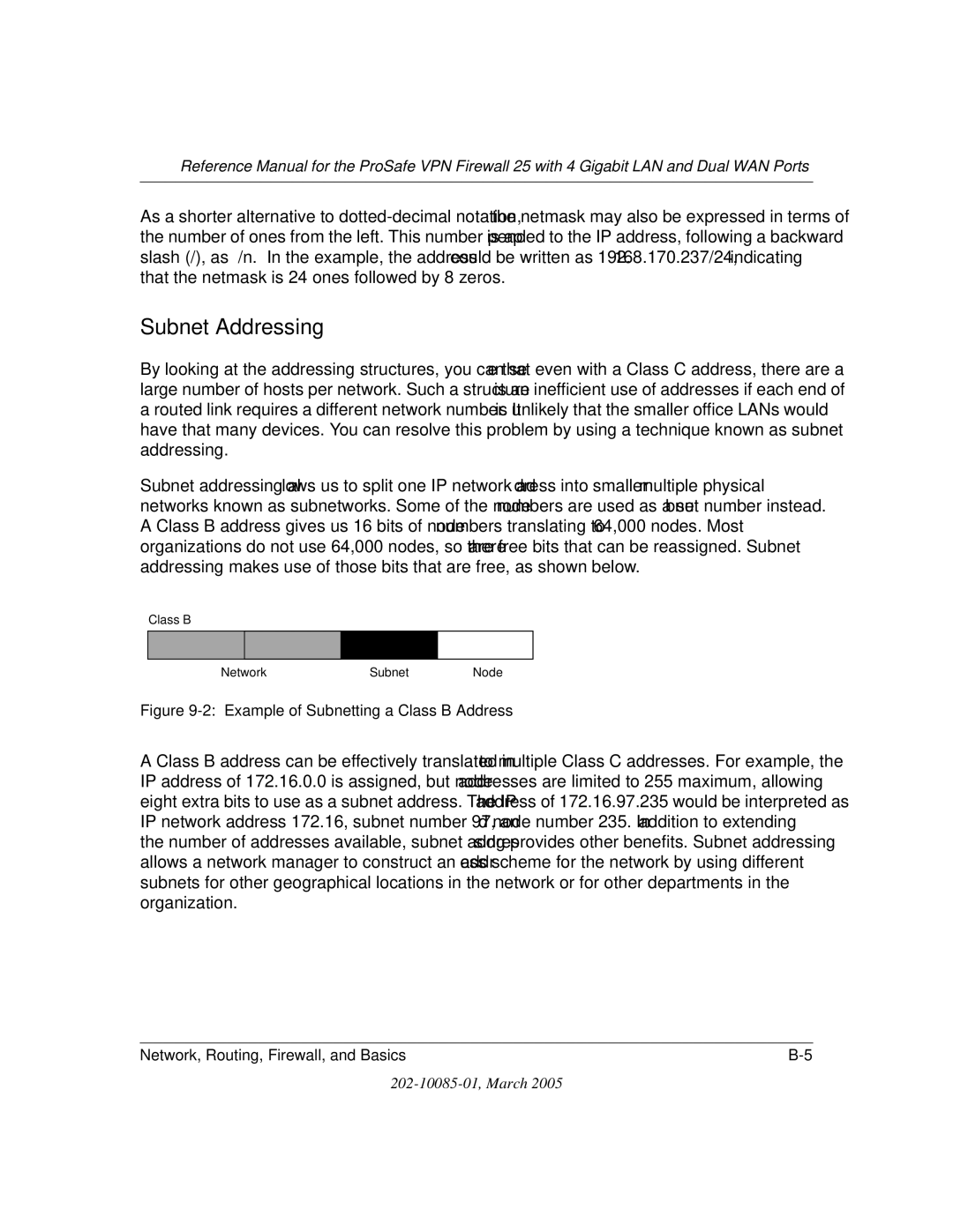 NETGEAR FVS124G manual Subnet Addressing, Example of Subnetting a Class B Address 