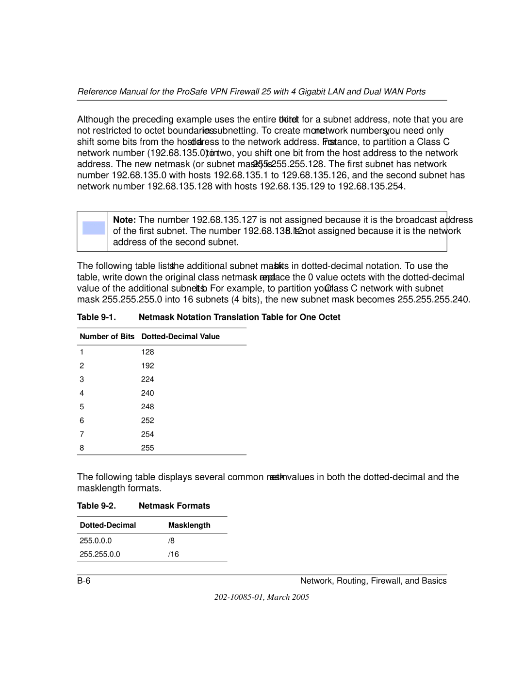 NETGEAR FVS124G manual Netmask Notation Translation Table for One Octet, Netmask Formats 