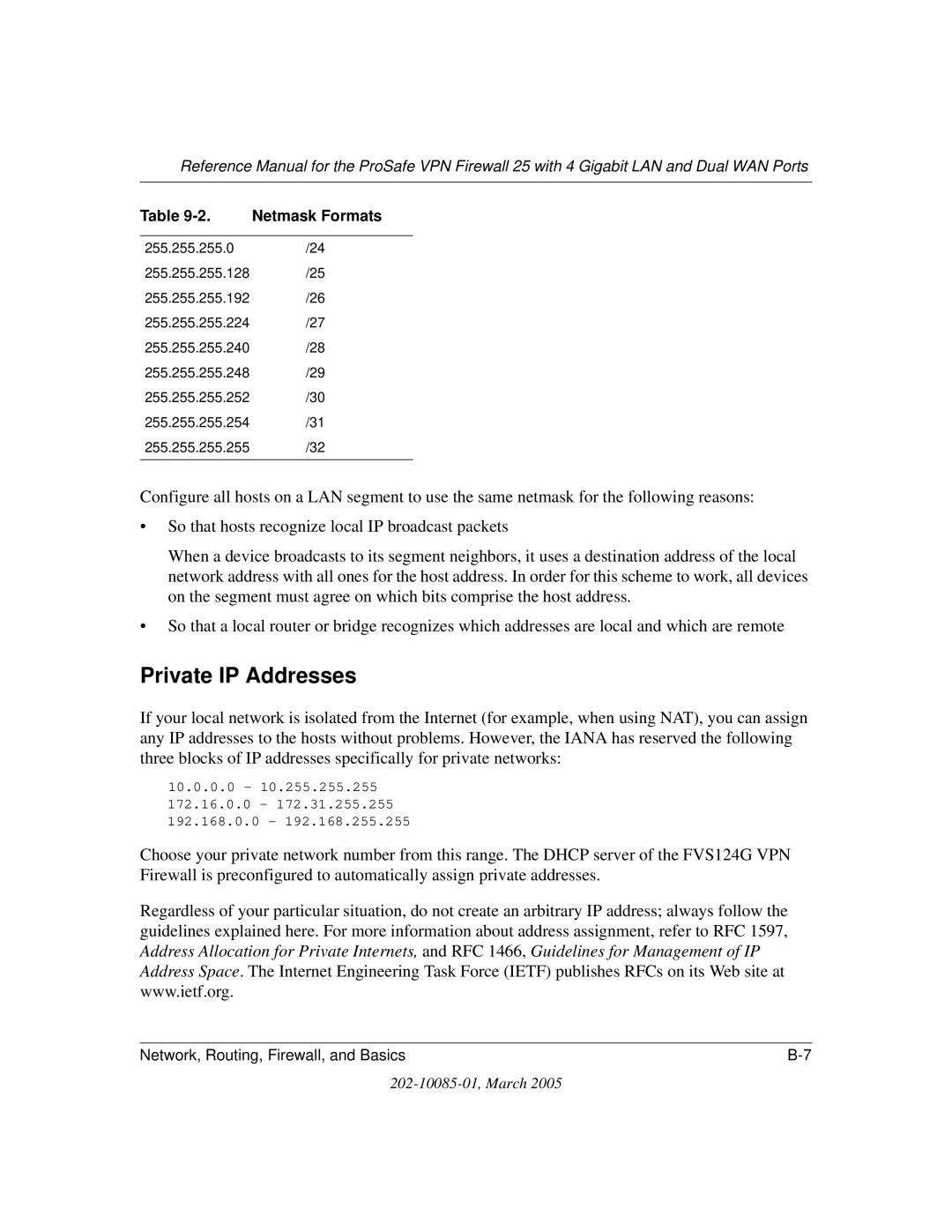 NETGEAR FVS124G manual Private IP Addresses 