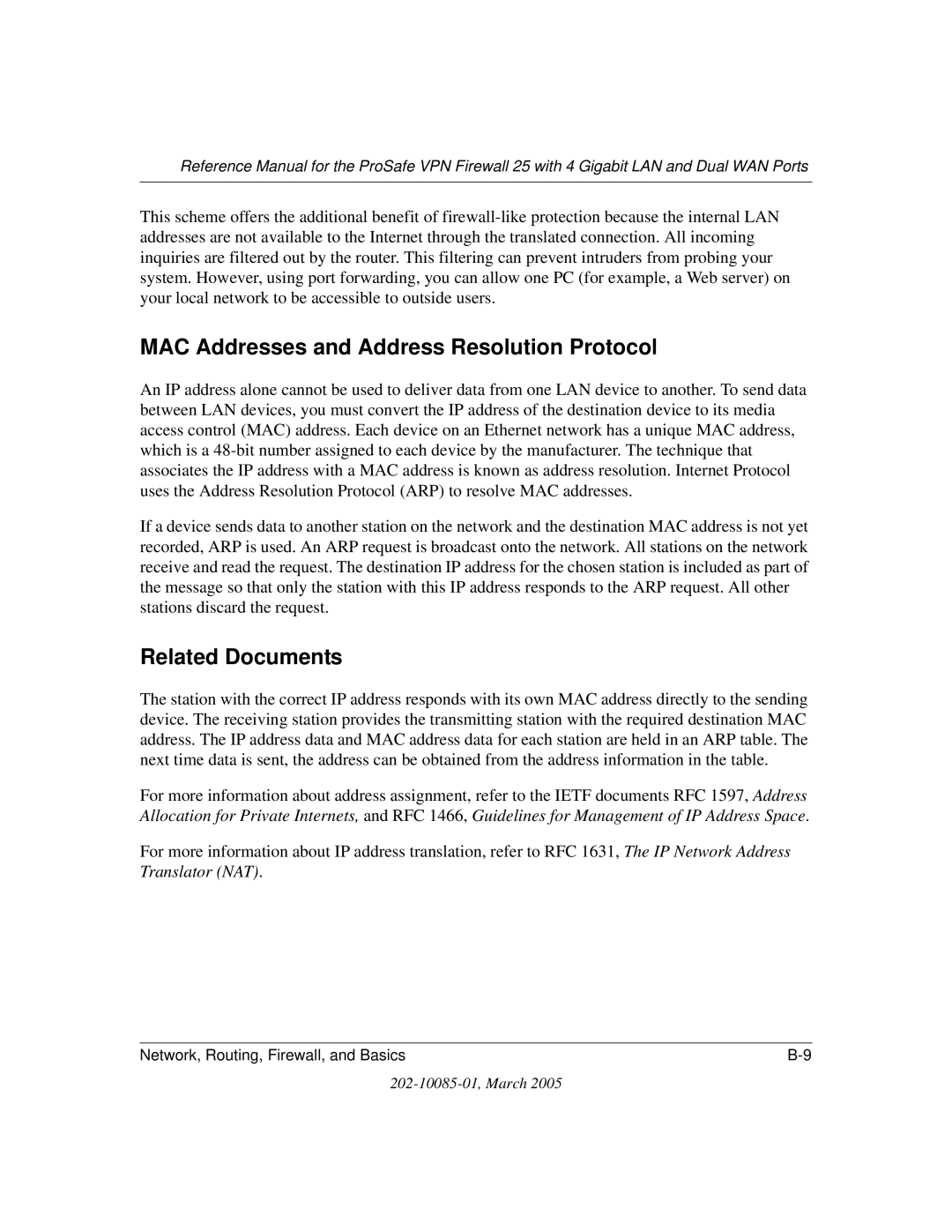 NETGEAR FVS124G manual MAC Addresses and Address Resolution Protocol, Related Documents 