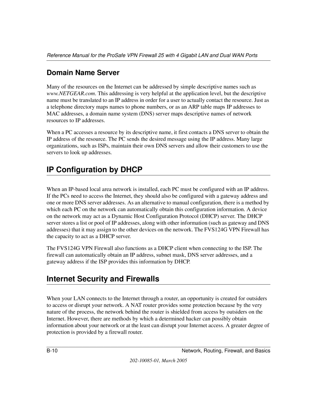 NETGEAR FVS124G manual IP Configuration by Dhcp, Internet Security and Firewalls, Domain Name Server 