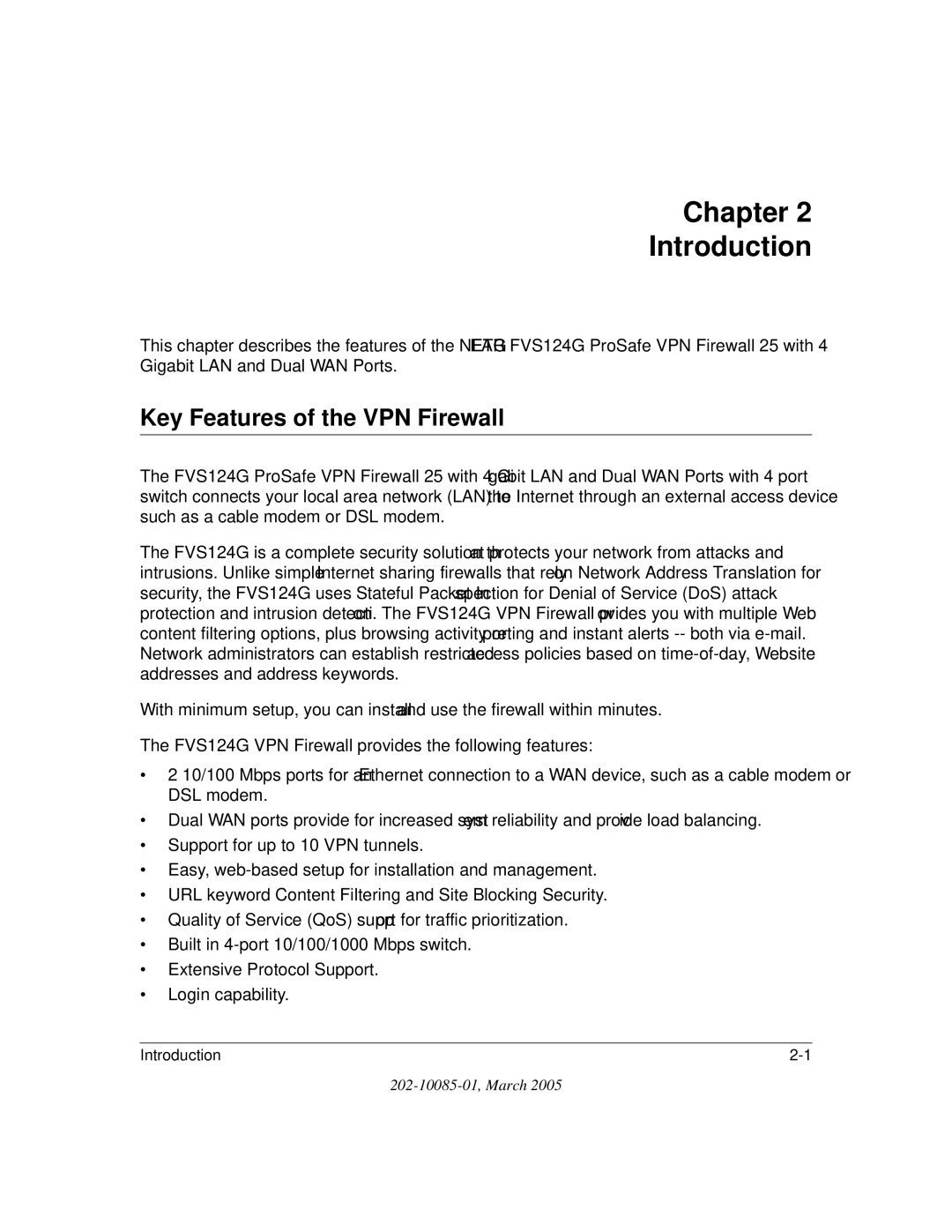 NETGEAR FVS124G manual Chapter Introduction, Key Features of the VPN Firewall 