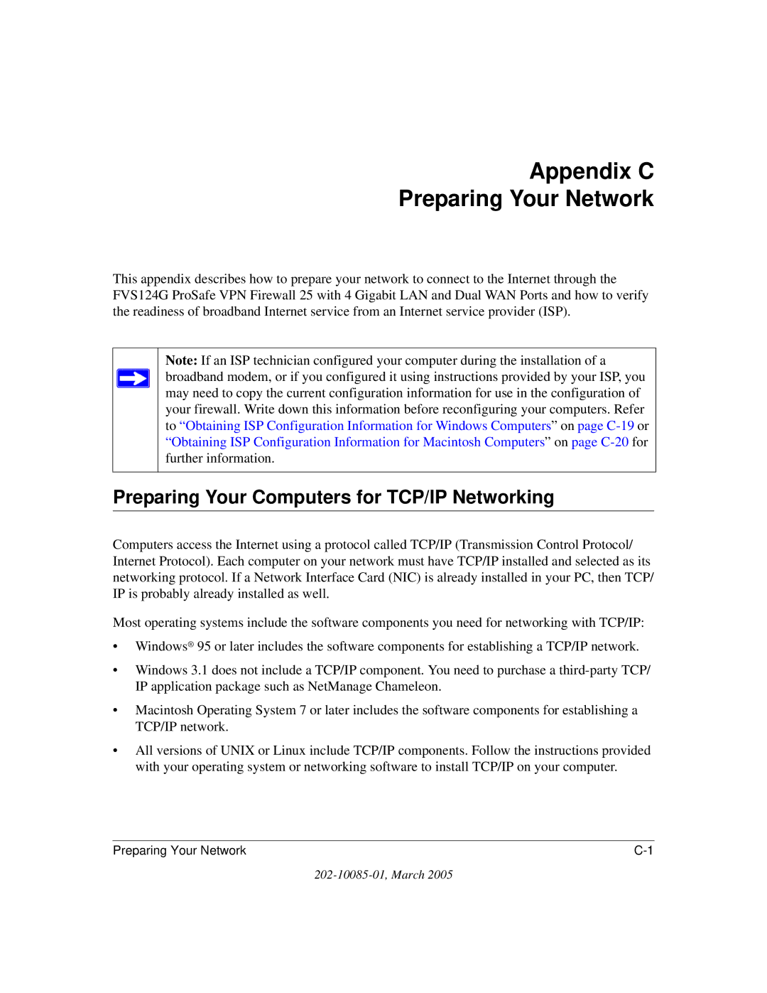 NETGEAR FVS124G manual Appendix C Preparing Your Network, Preparing Your Computers for TCP/IP Networking 